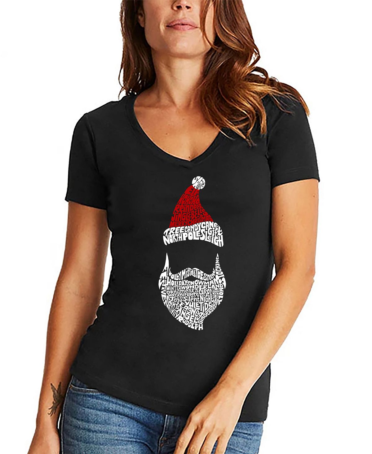 Женская футболка с надписью «санта-клаус» и v-образным вырезом LA Pop Art, черный новый год 2023 веселая фотография кукла санта клаус рождественские украшения для дома рождественские украшения подвеска рождественский