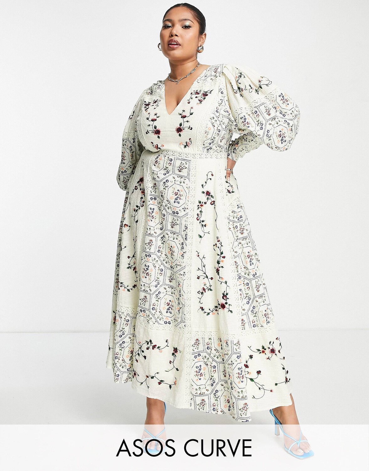 

Платье миди с цветочной вышивкой и кружевными вставками ASOS EDITION Curve