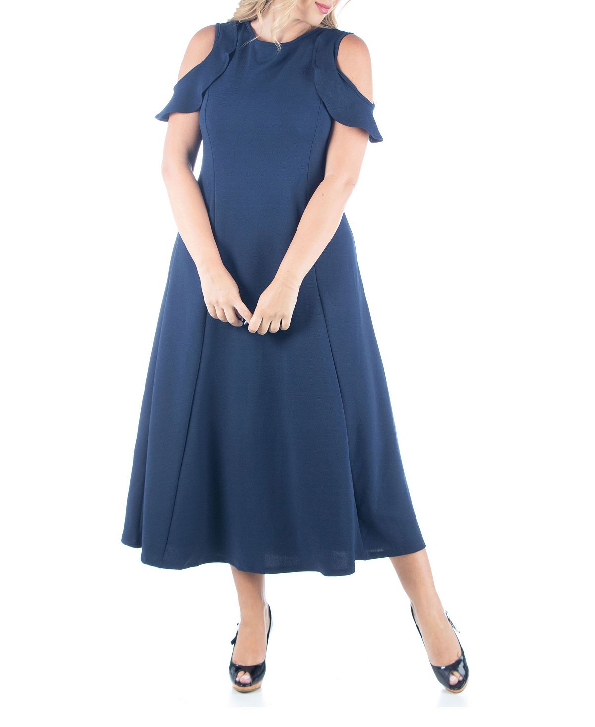 цена Женское макси-платье больших размеров с рюшами и открытыми плечами 24seven Comfort Apparel, синий