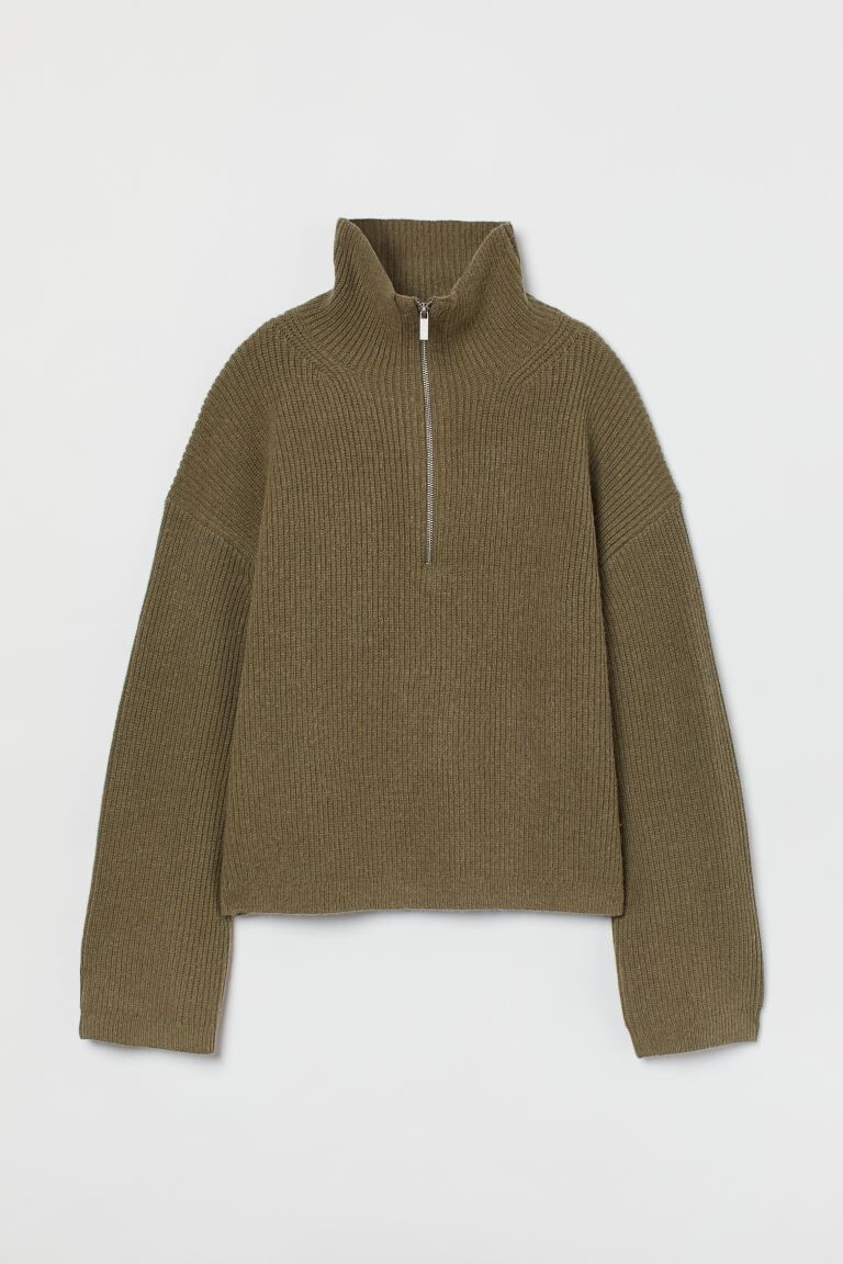 

Свитер в рубчик с застежкой-молнией сверху H&M, хаки зеленый