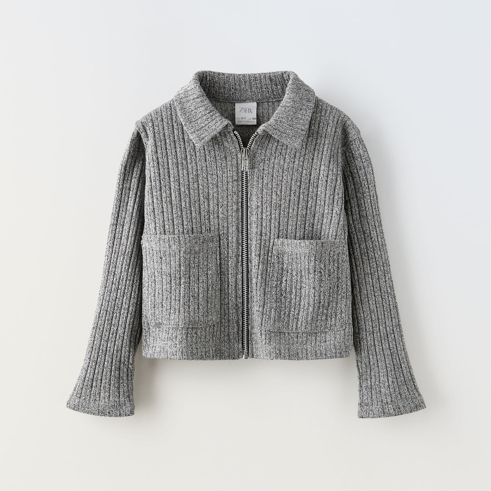 Жакет для девочек Zara Ribbed With Zip, серый бомбер zara knit jacket with zip серый