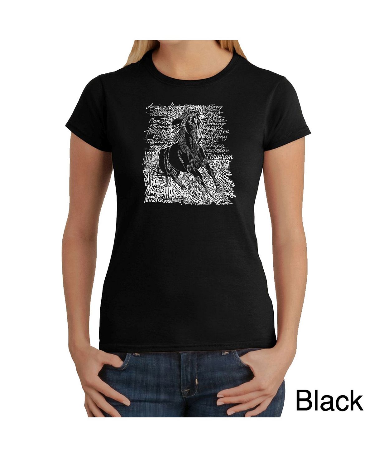 Женская футболка word art - популярные породы лошадей LA Pop Art, черный