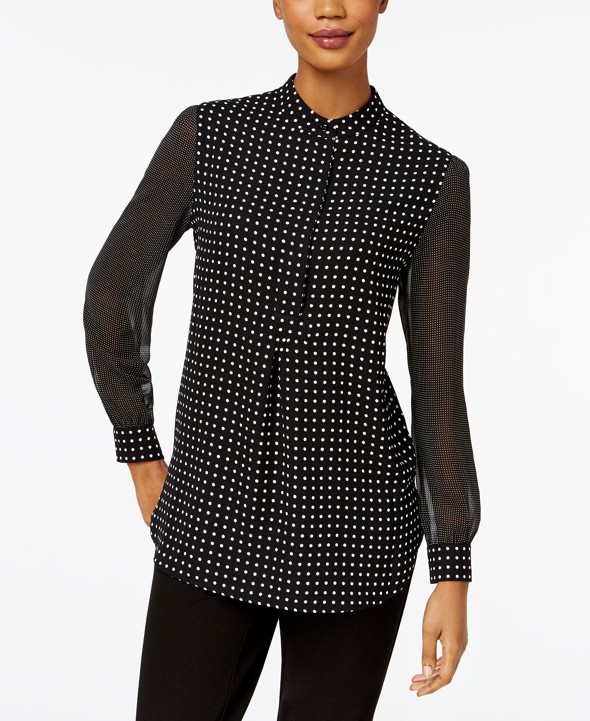 Прозрачная блуза в горошек Anne Klein, черно-белый блуза с воротником стойкой и пуговицами