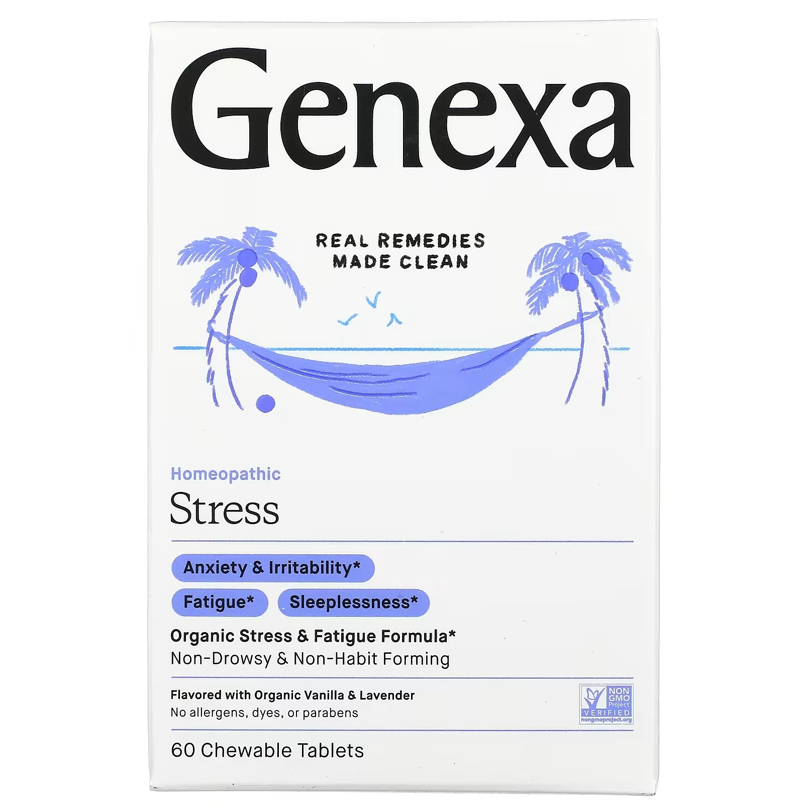 цена Формула для Снятия Стресса и Усталости Genexa Stress, ваниль и лаванда, 60 жевательных таблеток