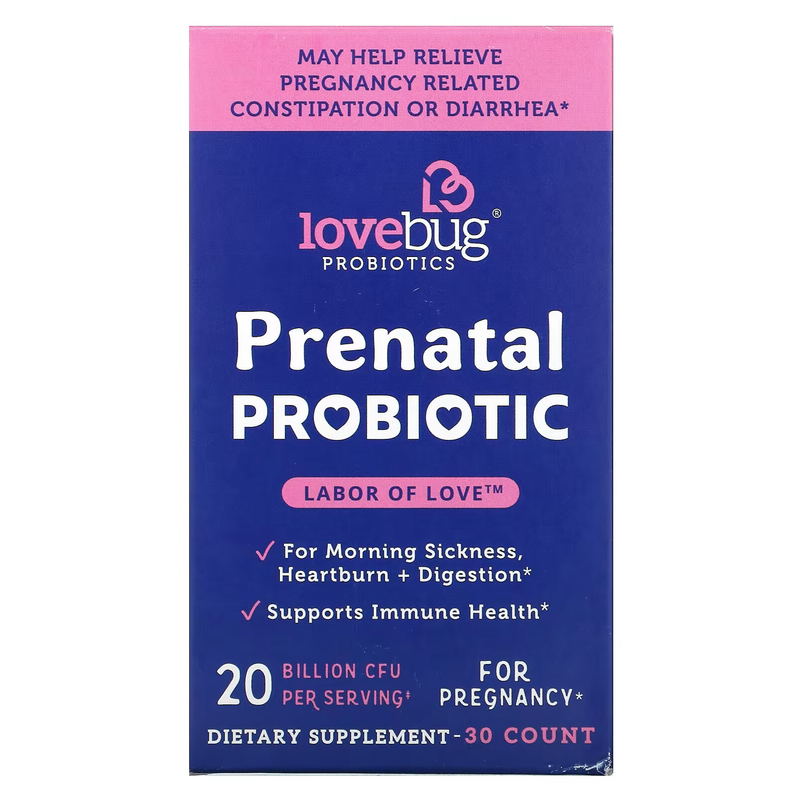 LoveBug Probiotics, пренатальный пробиотик, 20 млрд КОЕ, 30 капсул lovebug probiotics пробиотики для детей с ягодным вкусом 10 млрд кое 30 жевательных таблеток
