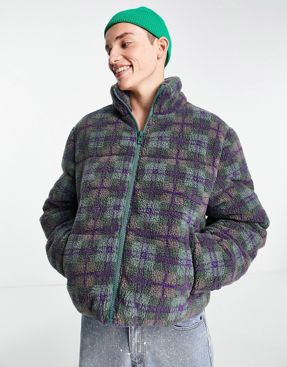 

Пуховик в фиолетово-зеленую клетку ASOS DESIGN, Зеленый