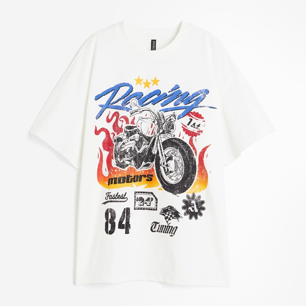 

Футболка H&M Oversized Printed Racing, белыйH&M Oversized Printed T-shirt, White/Racing, Белый