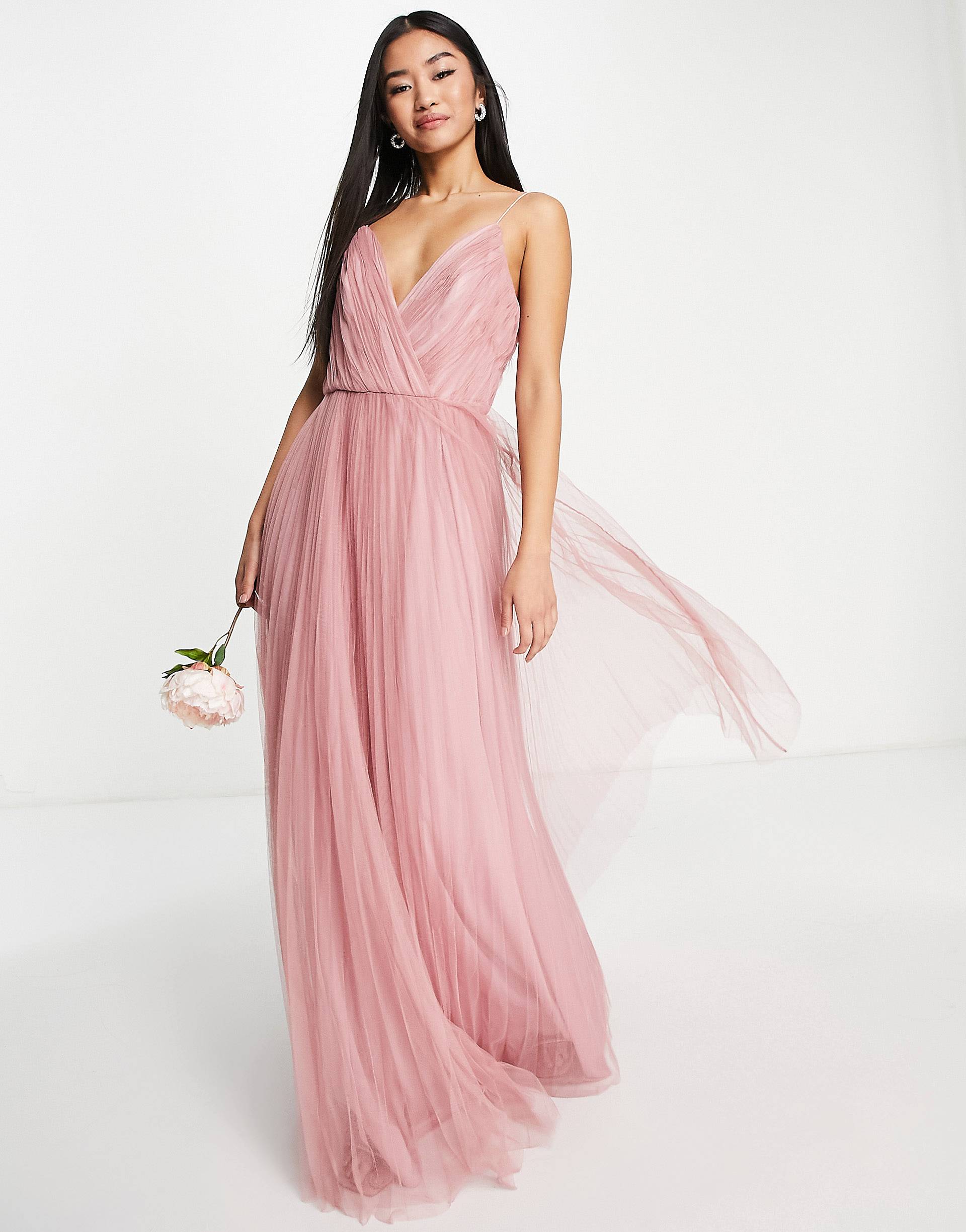 Розовое платье макси из тюля со складками на бретелях ASOS DESIGN Bridesmaid