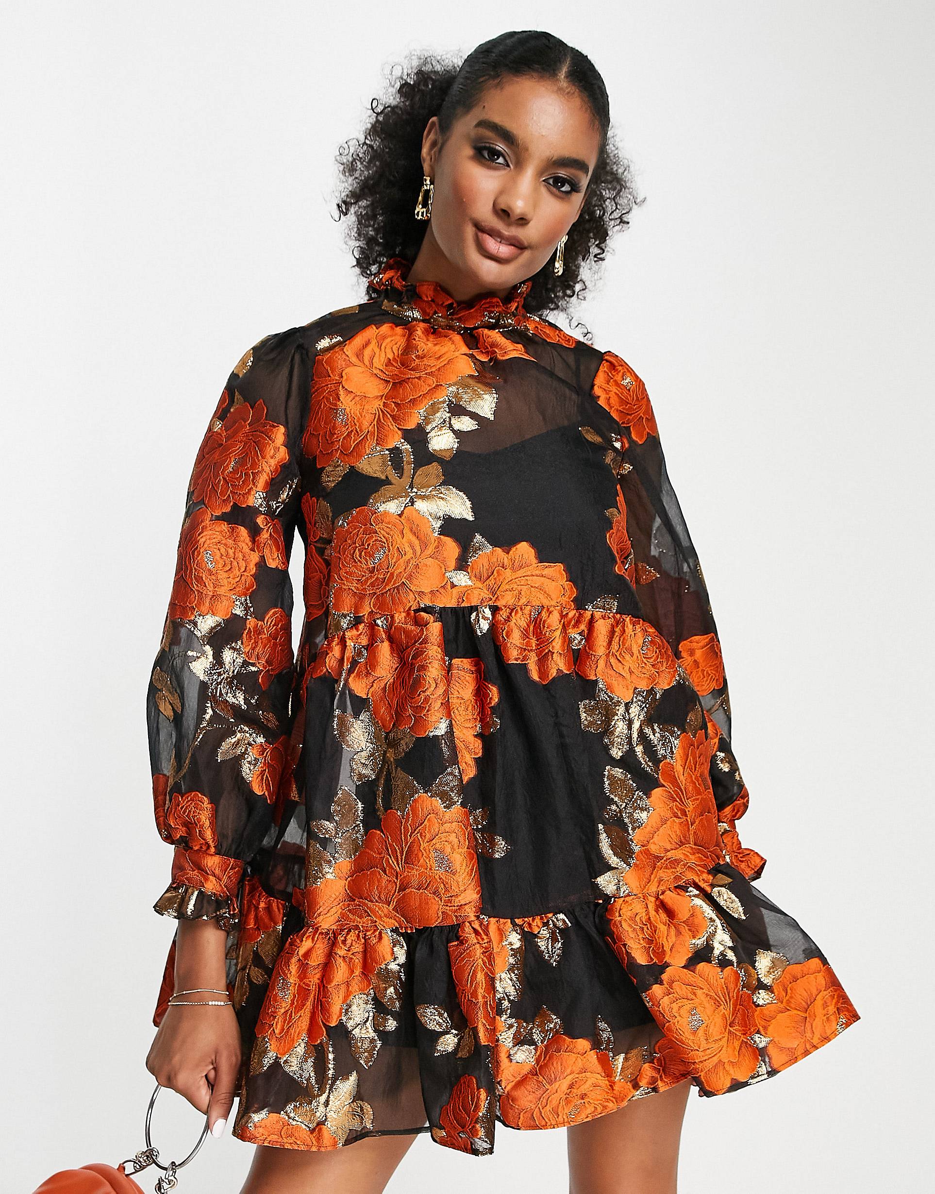 Платье мини из металлизированного жаккарда с оранжевым цветочным принтом ASOS DESIGN pephem
