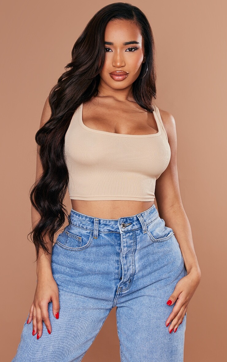 

PrettyLittleThing Укороченный топ Shape Taupe в рубчик с овальным вырезом