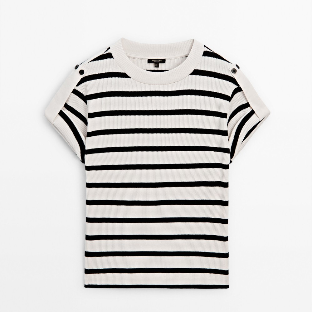 Футболка Massimo Dutti Striped Ribbed With Buttoned Shoulder Detail, кремовый