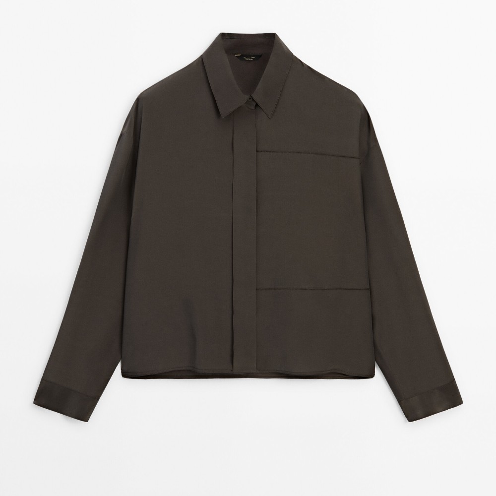 цена Рубашка Massimo Dutti Silk Blend With Seam Detail, коричневый