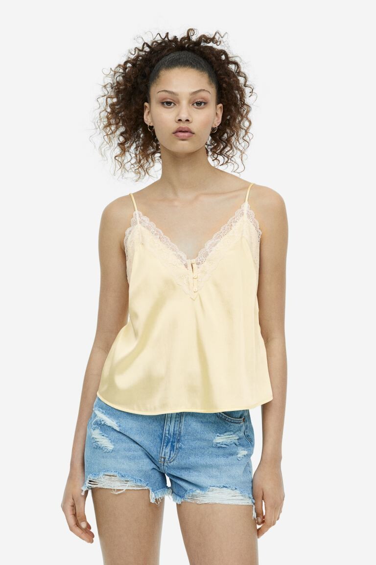 

Атласный топ на бретельках с кружевной отделкой H&M, светло-желтый/белый