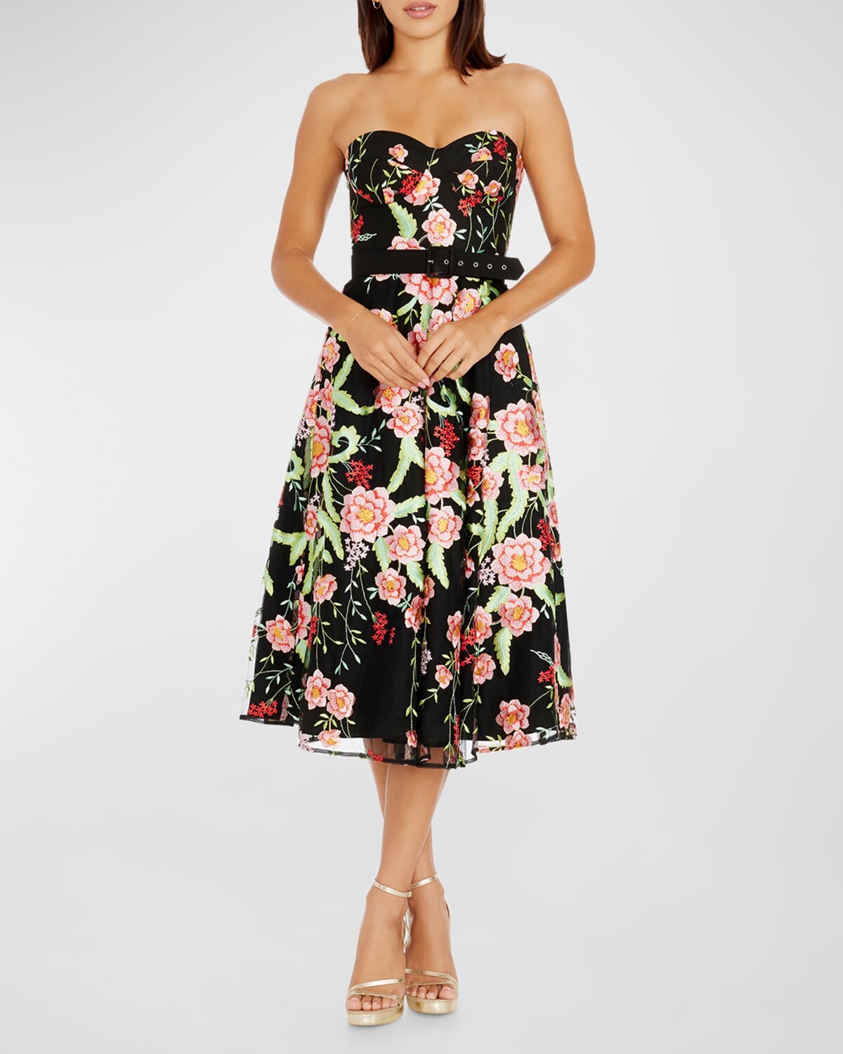 

Платье миди без бретелек Mabel с цветочной вышивкой Dress the Population Black Label, цвет Bright Rose Multi