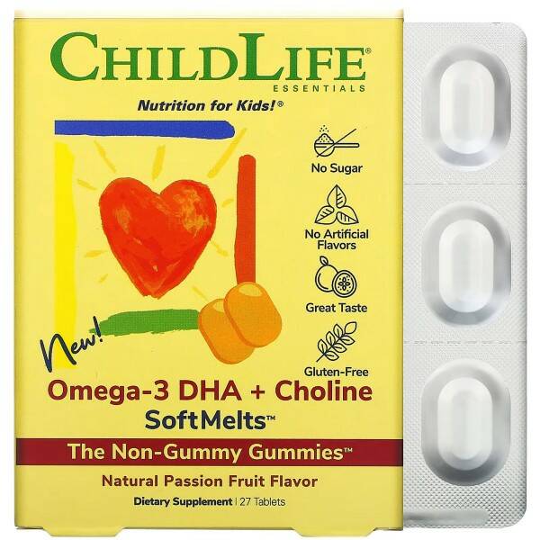 Omega-3 DHA + холин SoftMelts 27 таблеток, ChildLife naturelo omega dha gummy lemon