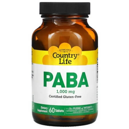 Пара-аминобензойная кислота (ПАБК) с замедленным высвобождением, Country Life, 1000 мг, 60 таблеток тарелка country life