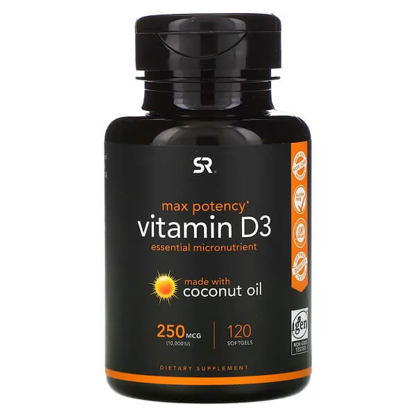 Витамин D3 Sports Research с кокосовым маслом 250 мкг 120 таблеток sports research витамин d3 с кокосовым маслом 125 мкг 5000 ме 360 мягких таблеток