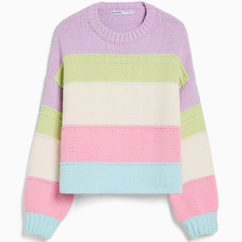 

Джемпер Bershka Chenille With Multicoloured Stripes, фиолетовый/мультиколор