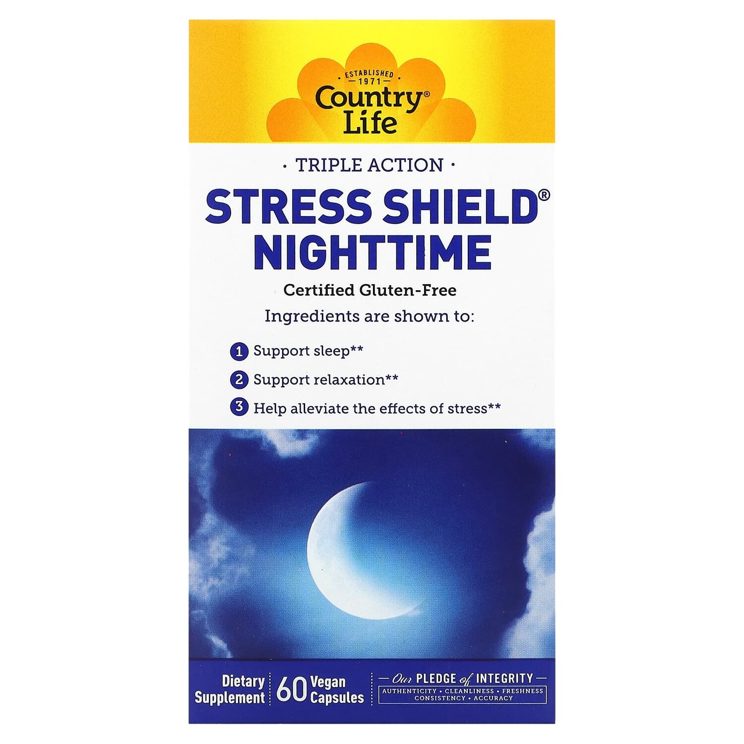 

Stress Shield Nighttime, тройного действия, 60 веганских капсул, Country Life