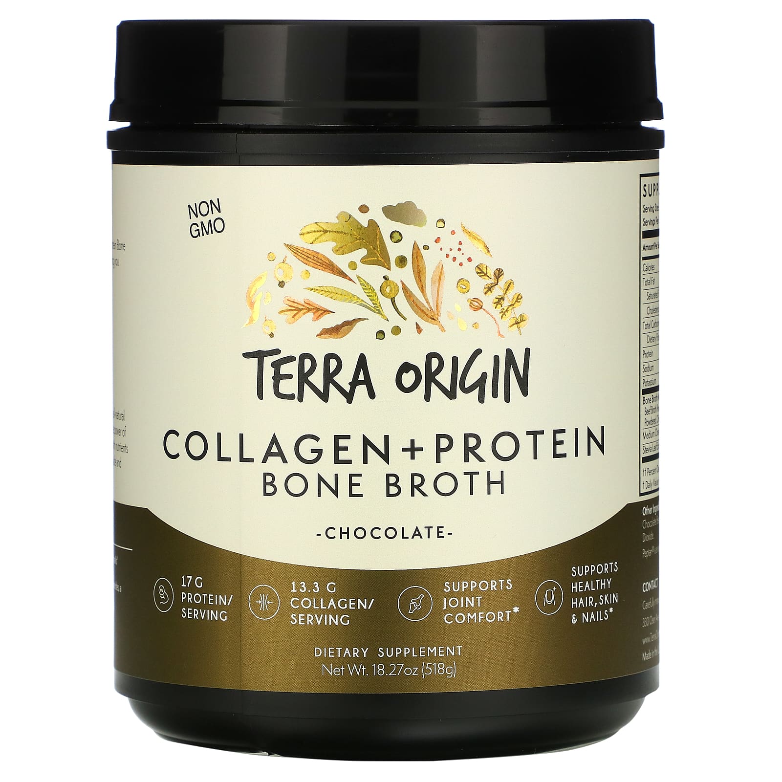 Terra Origin Collagen +Protein Bone Broth Chocolate 18.9 oz (536 g) terra origin healthy sleep