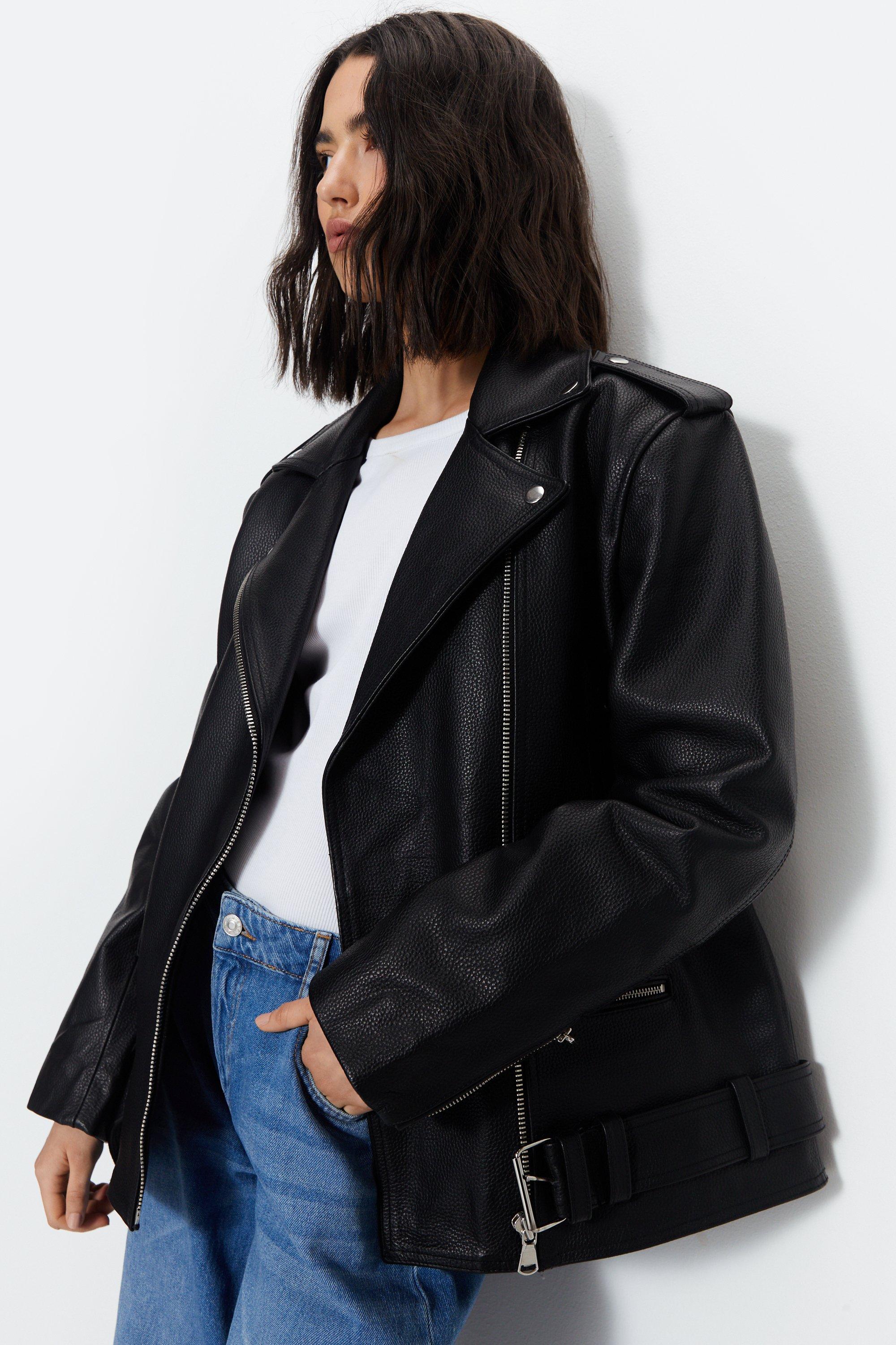 Байкерская куртка из натуральной кожи с поясом Warehouse, черный женская облегающая кожаная куртка байкерская куртка для женщин укороченная куртка пальто из натуральной кожи