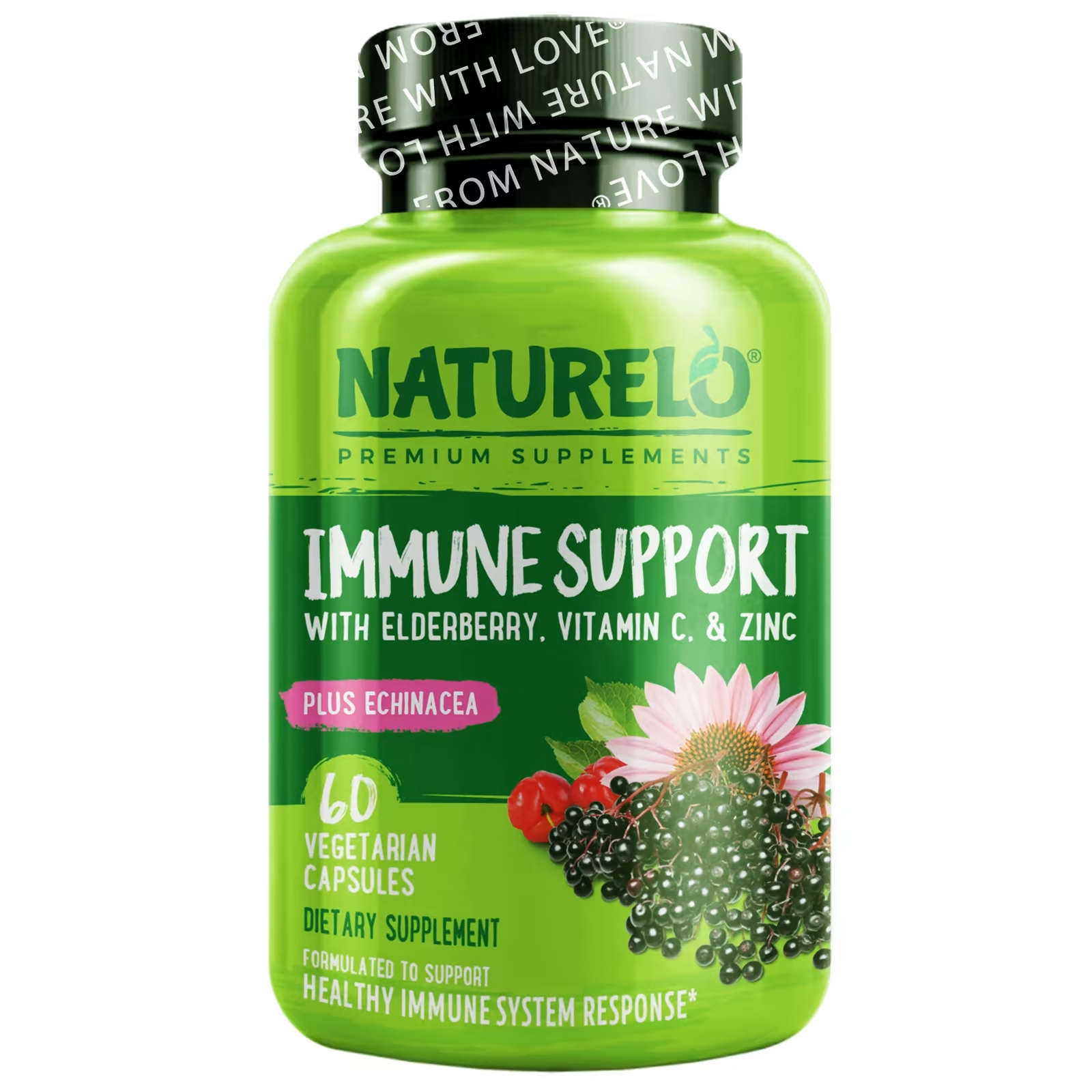 Поддержка Иммунитета с Бузиной, Витамином С, Цинком и Эхинацеей NATURELO, 60 вегетарианских капсул поддержка иммунитета sambucol с витамином с и цинком 30 жевательных таблеток