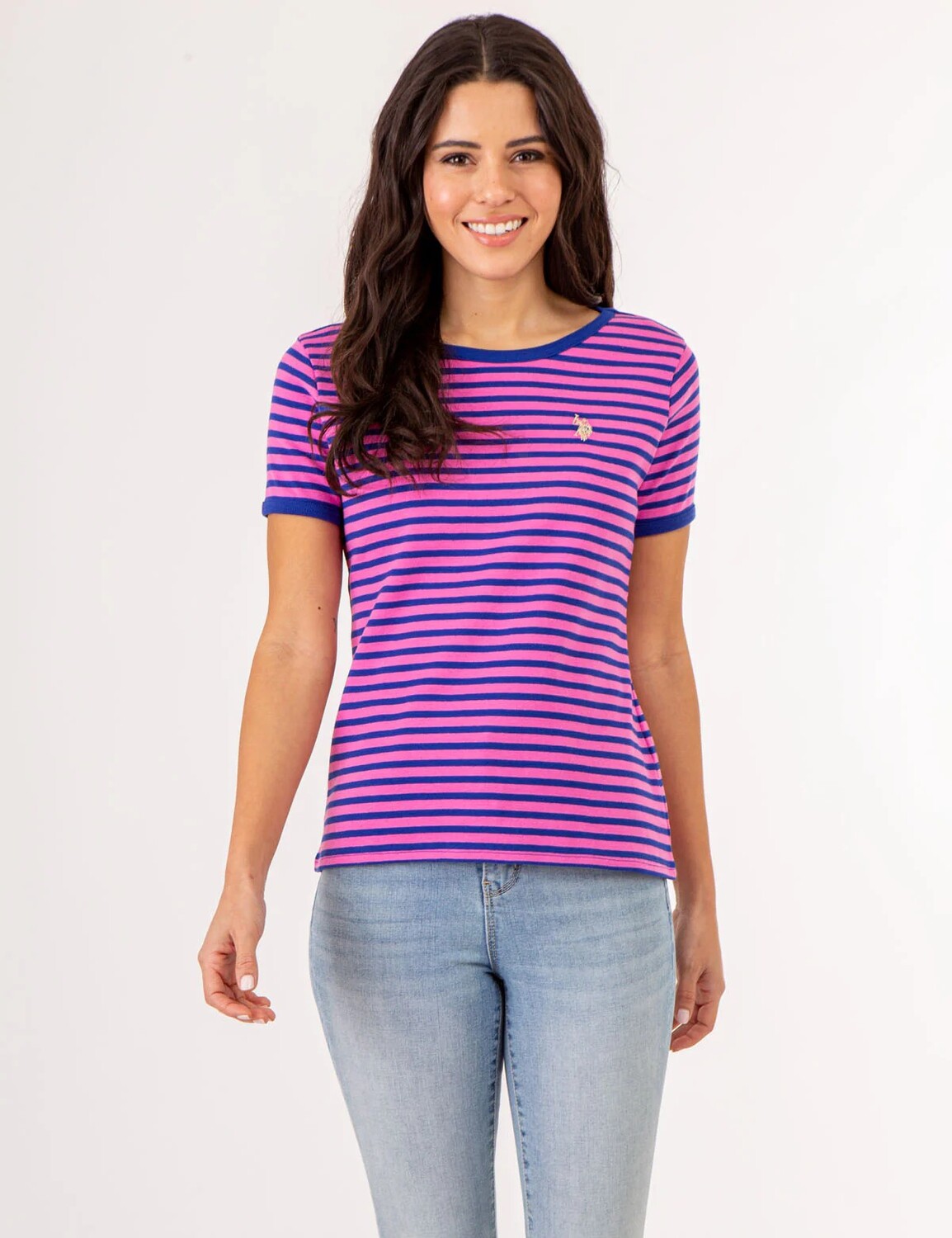 

Футболка U.S. Polo Assn. Striped Ringer Neck Trim, синий/розовый