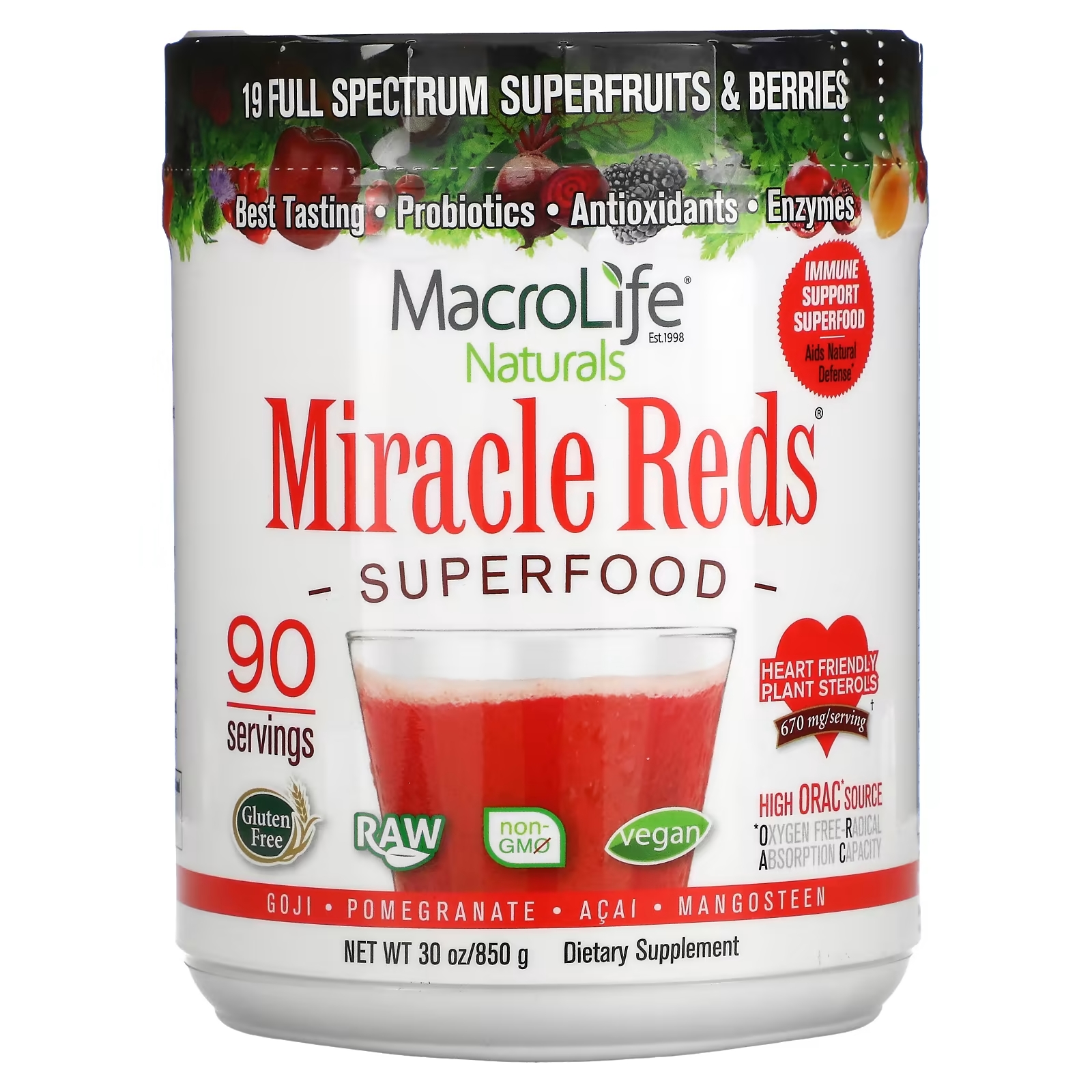 БАД Macrolife Naturals Miracle Reds, годжи / гранат / асаи / мангостин, 850 г суперпродукт macrolife naturals macro greens 850 г