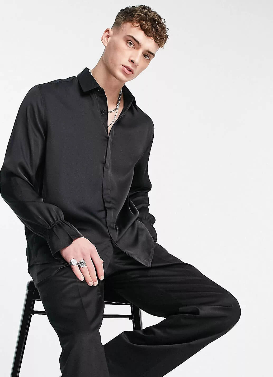 Рубашка Asos Design Relaxed Satin With Flute Sleeve, черный