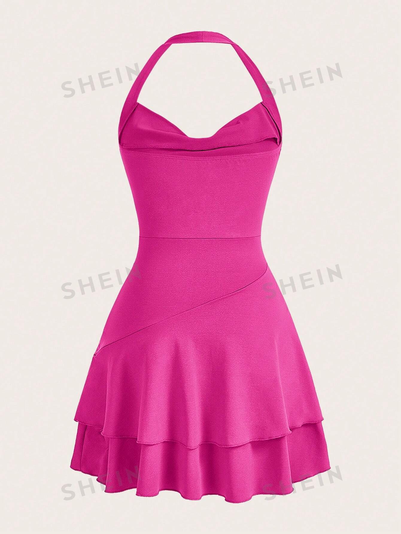 shein mod однотонное платье с гофрированной спиной и расклешенным подолом синий SHEIN MOD однотонное женское платье с бретелькой на шее и многослойным подолом, ярко-розовый