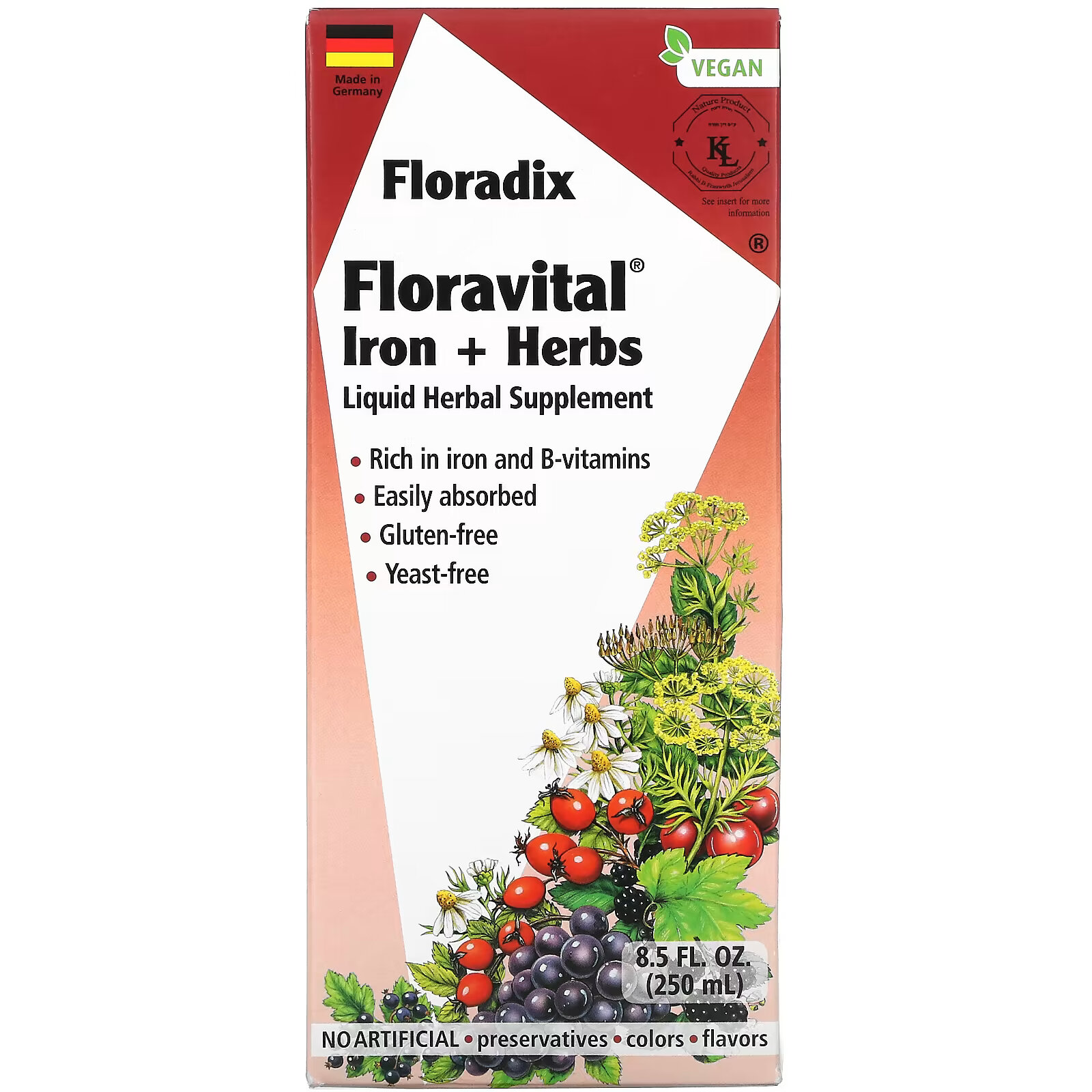 Gaia Herbs, Floradix, Floravital Iron + Herbs, 8,5 жидких унций (250 мл) кальций gaia herbs floradix 200 мг 250 мл