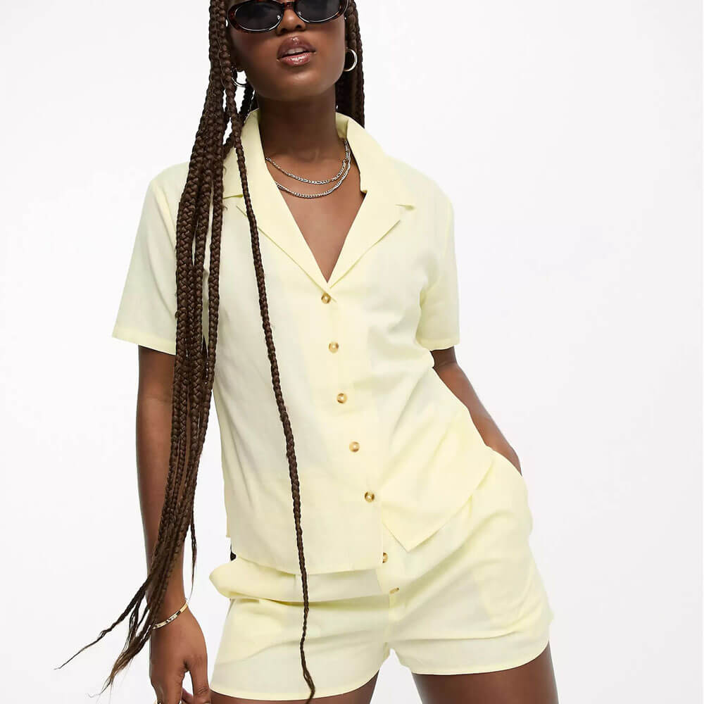 Женская рубашка с коротким рукавом Asos Design Resort Shirt Co-ord, светло-желтый рубашка женская асимметричная с отложным воротником модный свободный топ с карманами повседневная одежда с коротким рукавом лето 2023