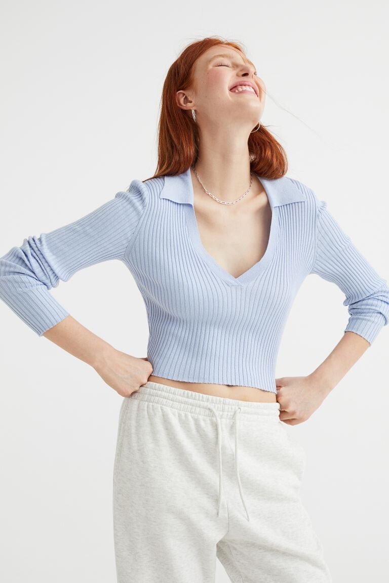 

Вязаный топ в рубчик с воротником H&M, светло-синий