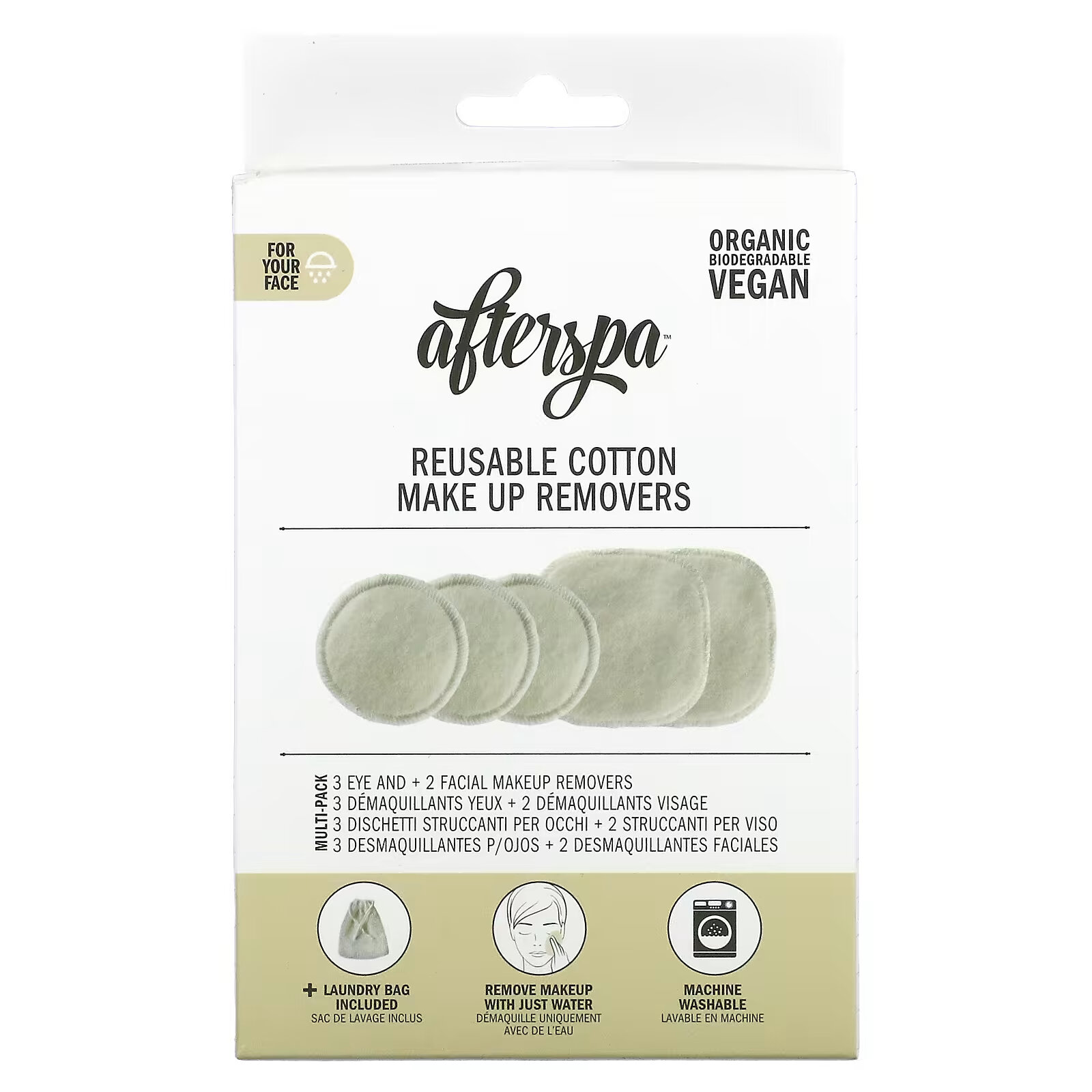 AfterSpa, Многоразовые средства для снятия макияжа из хлопка, набор из 6 предметов