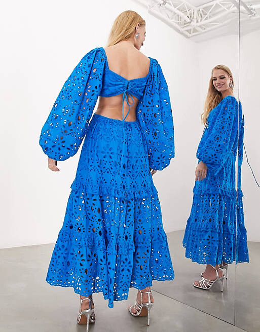 

Лазурно-синее платье миди с вырезом и блузкой на рукавах ASOS EDITION, Синий
