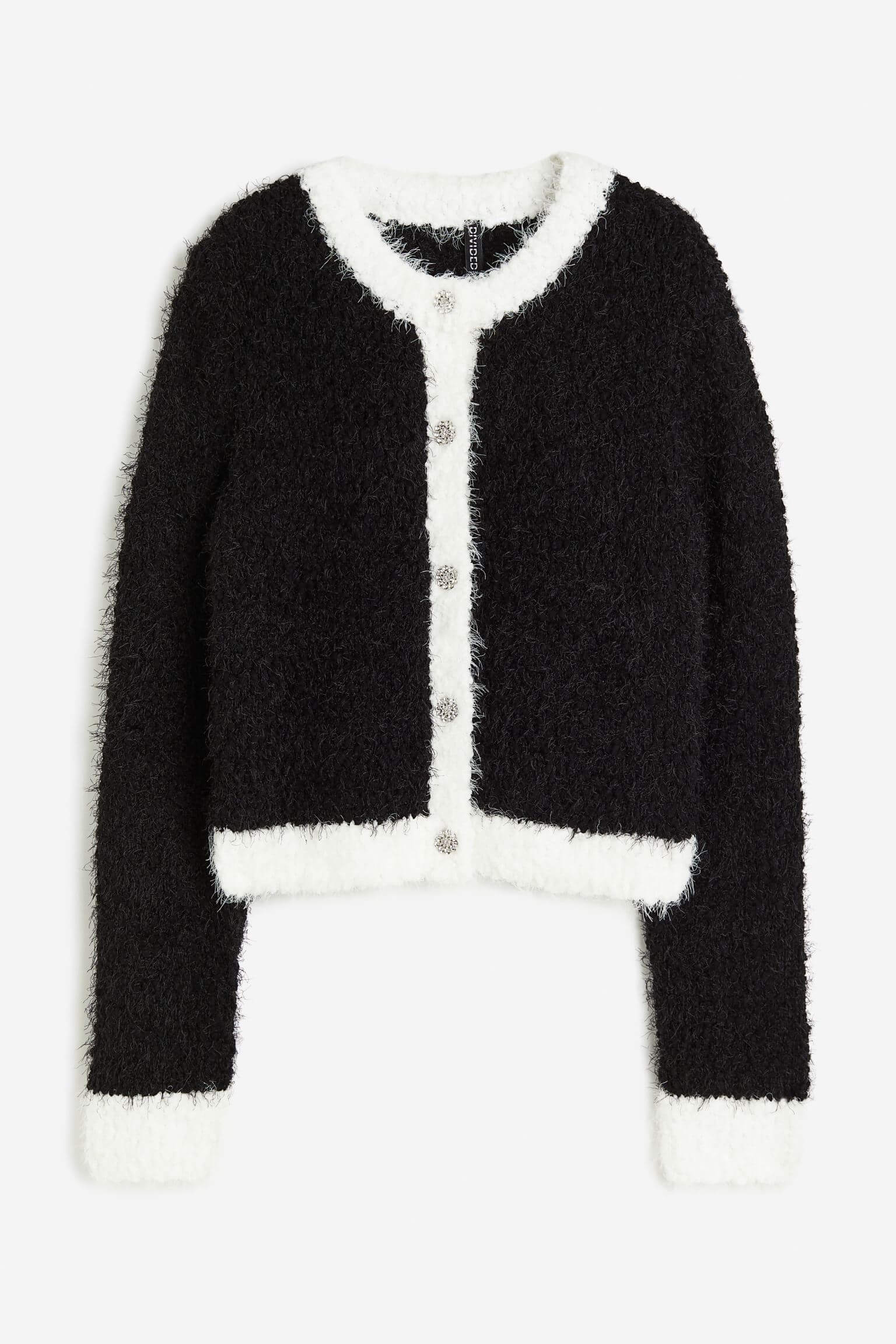Кардиган H&M Rhinestone-button Fluffy-knit, черный/белый кардиган укороченный из трикотажа пуантель s белый