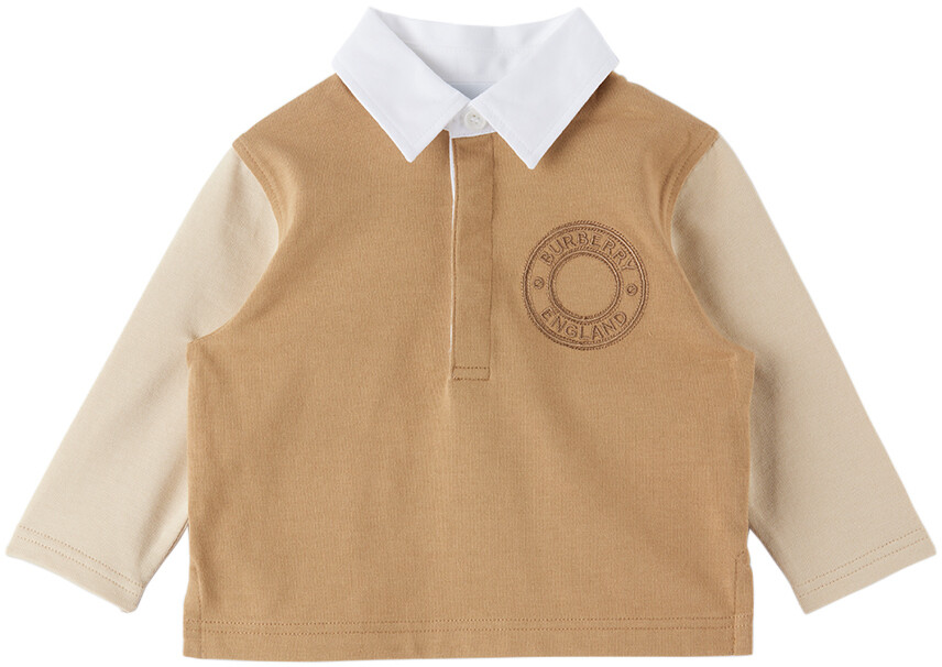

Бежевая футболка-поло с длинным рукавом с вышивкой Baby Baby Burberry, Бежевый