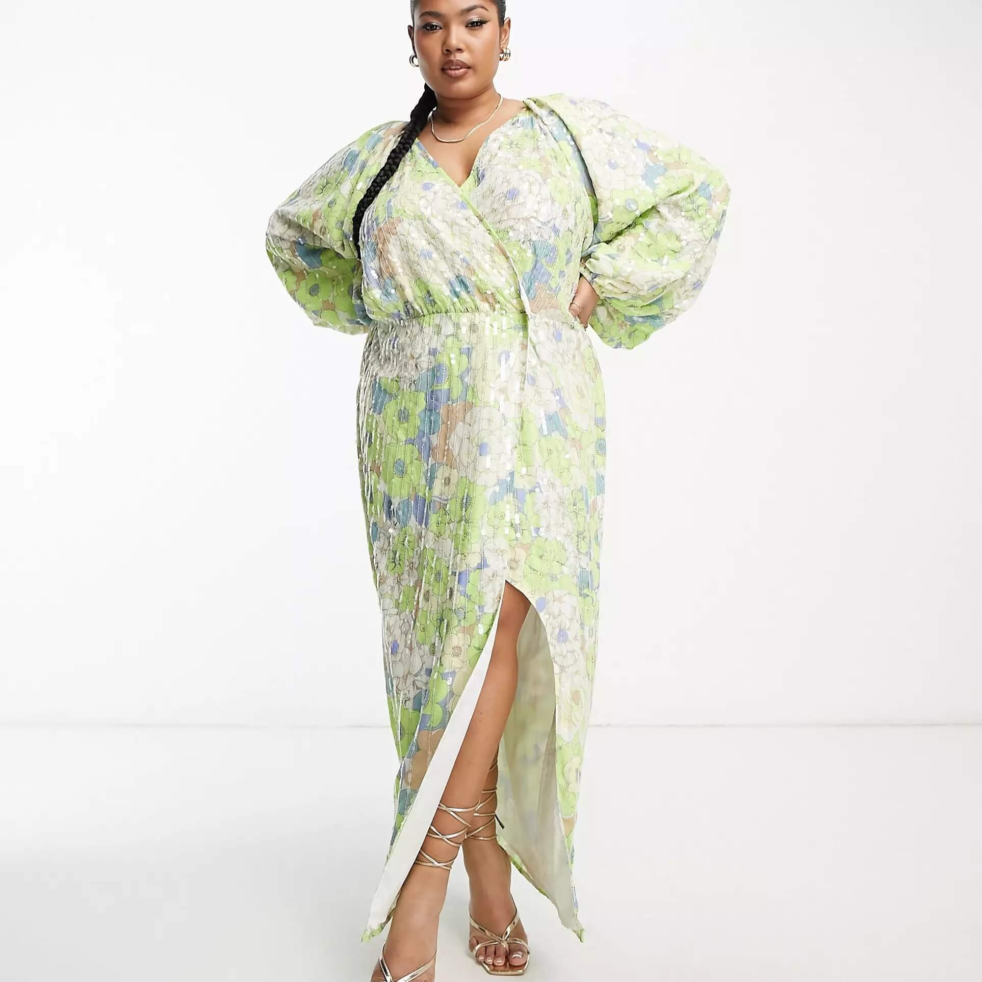 Платье-миди Asos Edition Curve With Floral Print And Sequins, светло-зеленый женская свободная блузка с длинным рукавом летучая мышь и разрезом спереди