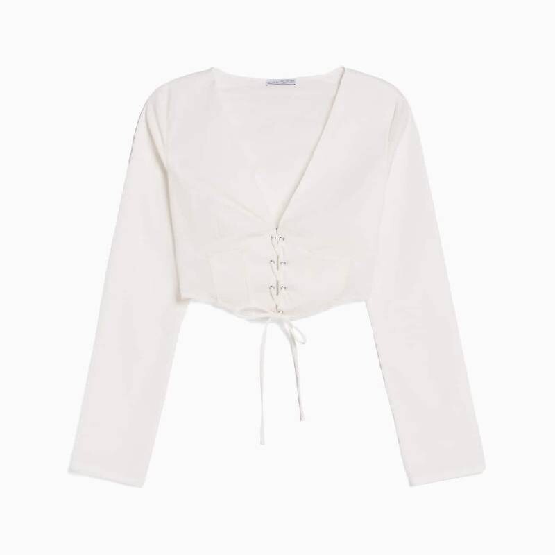 

Блузка короткая Bershka Fitted Poplin Lace-up, белый