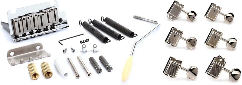 

Fender American Series Strat Tremolo Bridge Assembly — хромированный комплект с Fender American Vintage Stratocaster-Telecaster Tuning Machines Set — Nickel 0992040000=1 0992050000=1