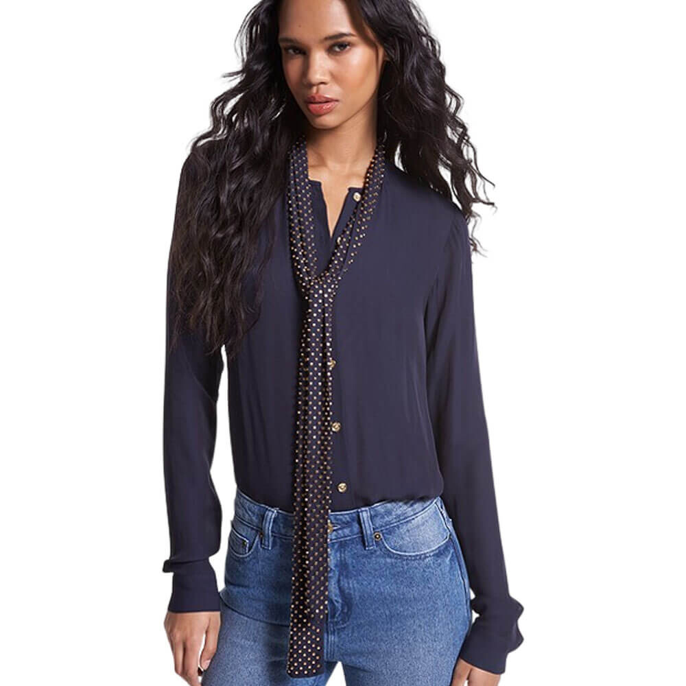

Блузка Michael Michael Kors Astor Stud Georgette Tie-Neck, темно-синий
