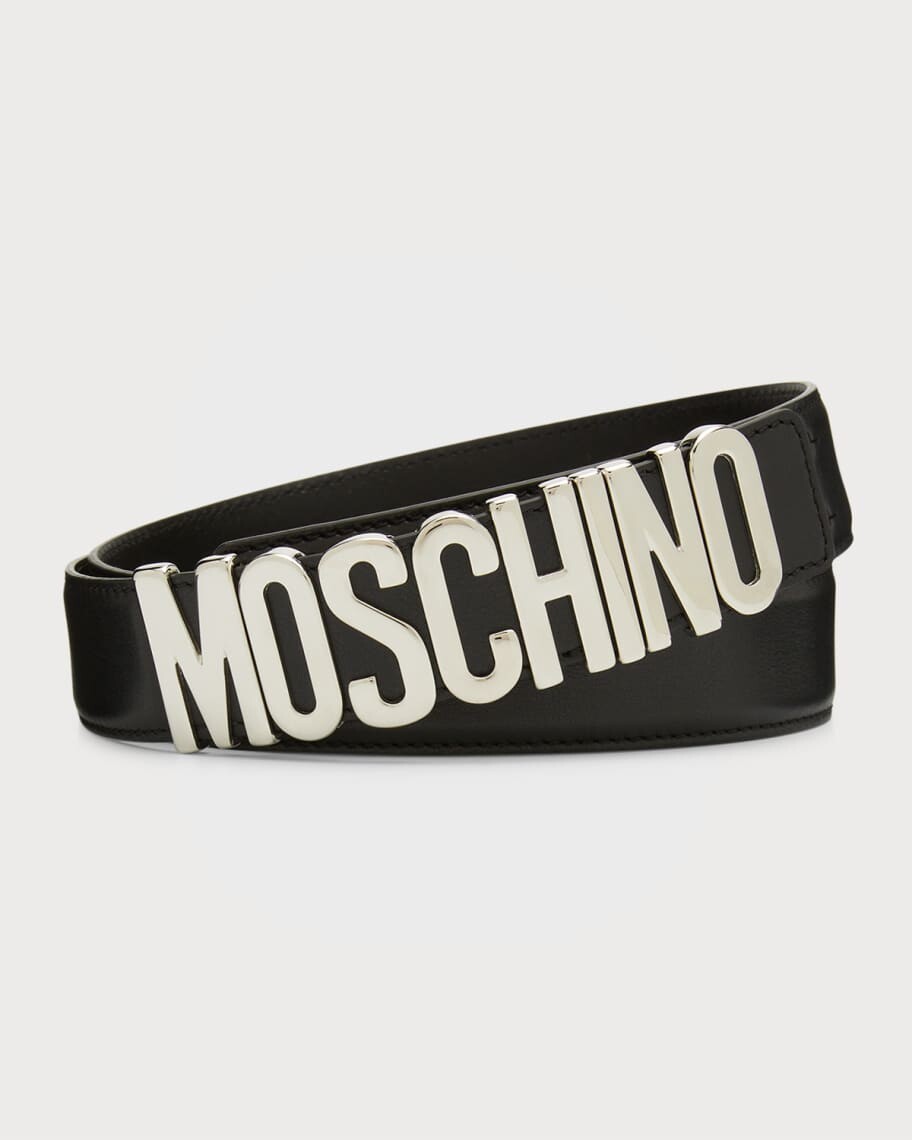 

Мужской кожаный ремень с металлическим логотипом Moschino