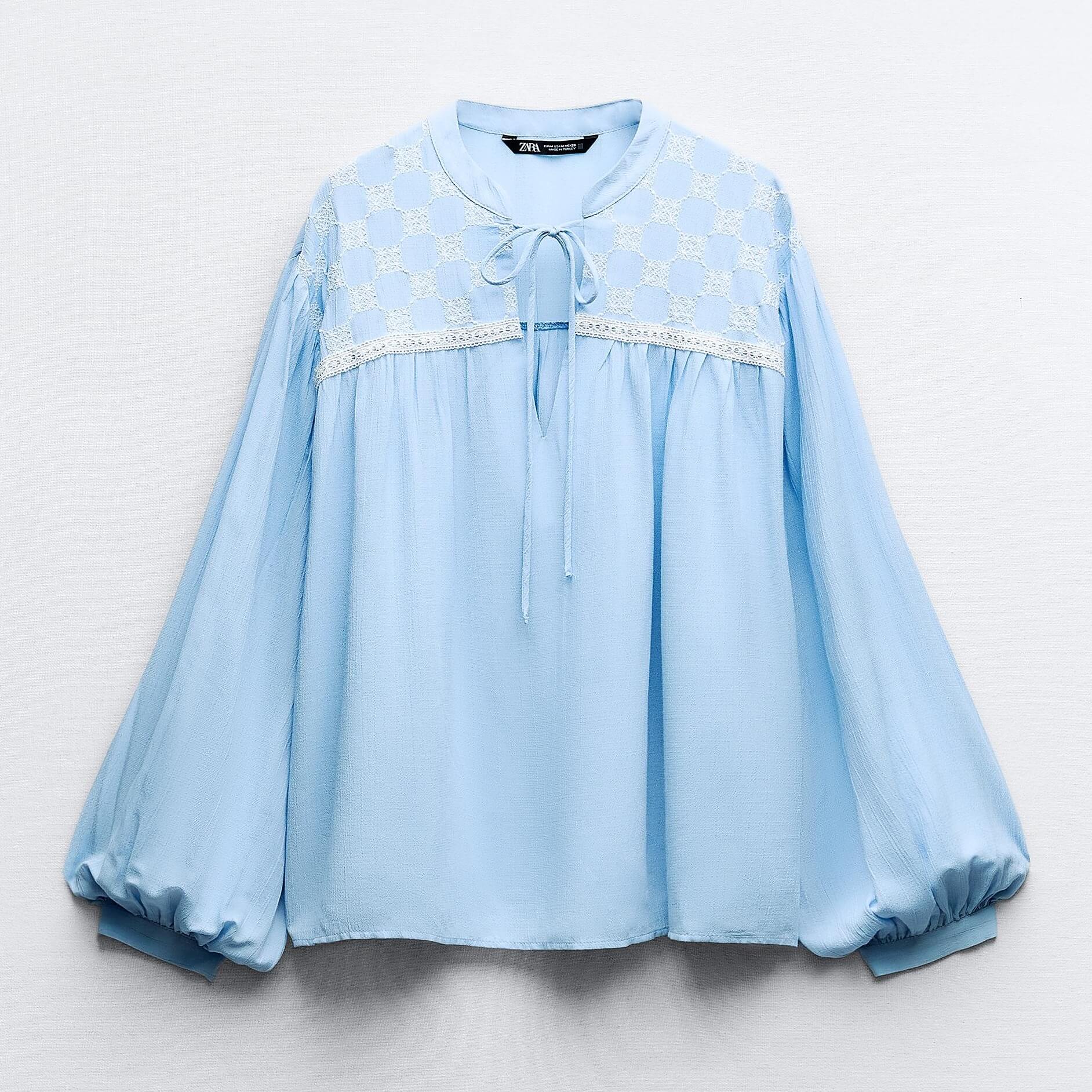 Блузка Zara Embroidered, голубой блузка с круглым вырезом и длинными рукавами 42 fr 48 rus белый