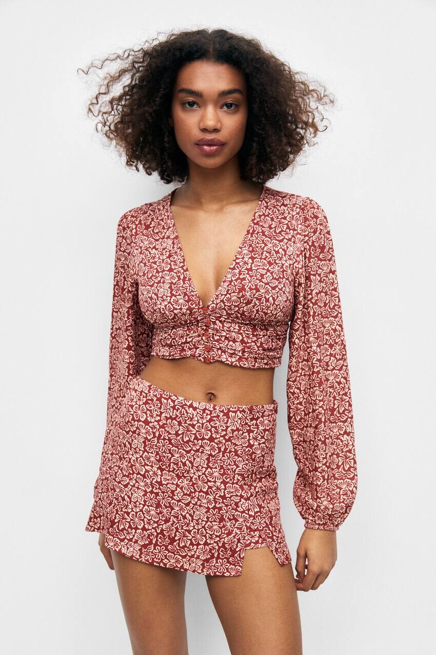 

Блузка с объемными рукавами Pull&Bear, темно-бордовый