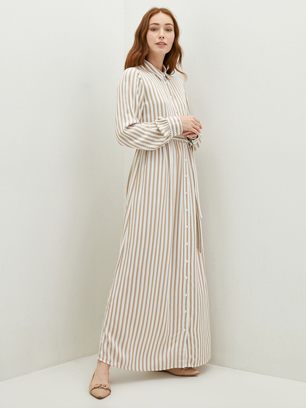 

Рубашка с воротником в полоску с длинным рукавом Belmando Fabric Women Dress LCW Modest