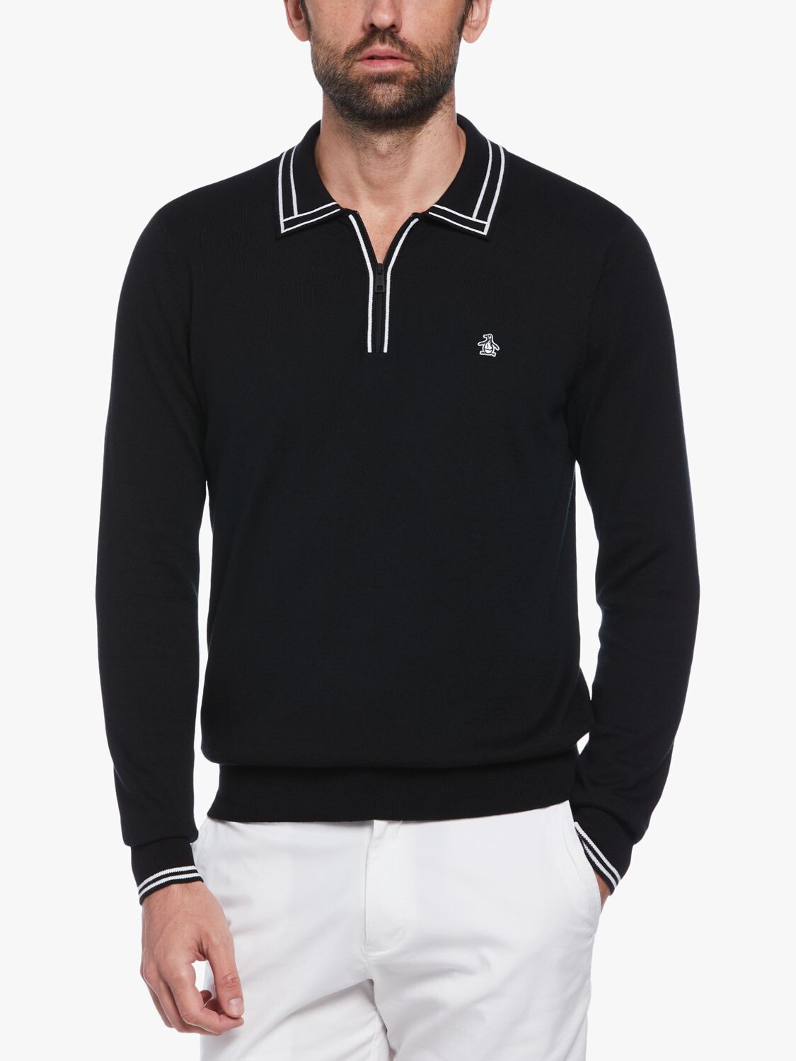 

Топ-поло с длинными рукавами и молнией 1/4 Original Penguin, черно-белый