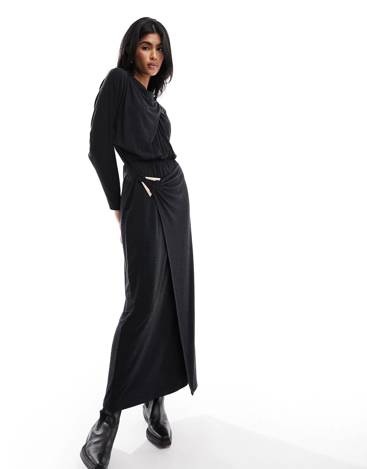 

Платье макси Asos Design High Neck With Wrap Skirt And Trim Detail, темно-серый