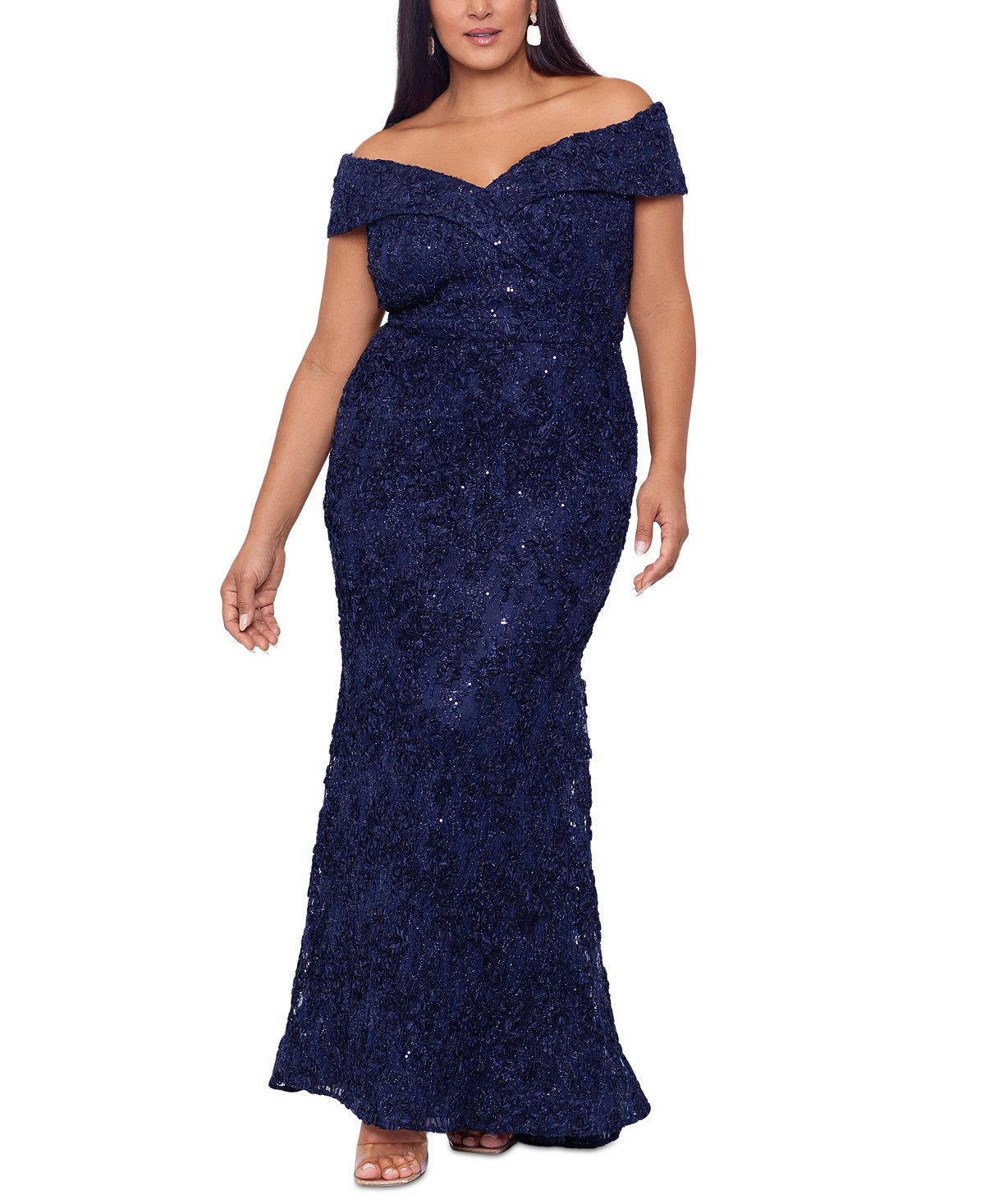 Плюс размер украшенное кружевное платье с открытыми плечами XSCAPE, синий