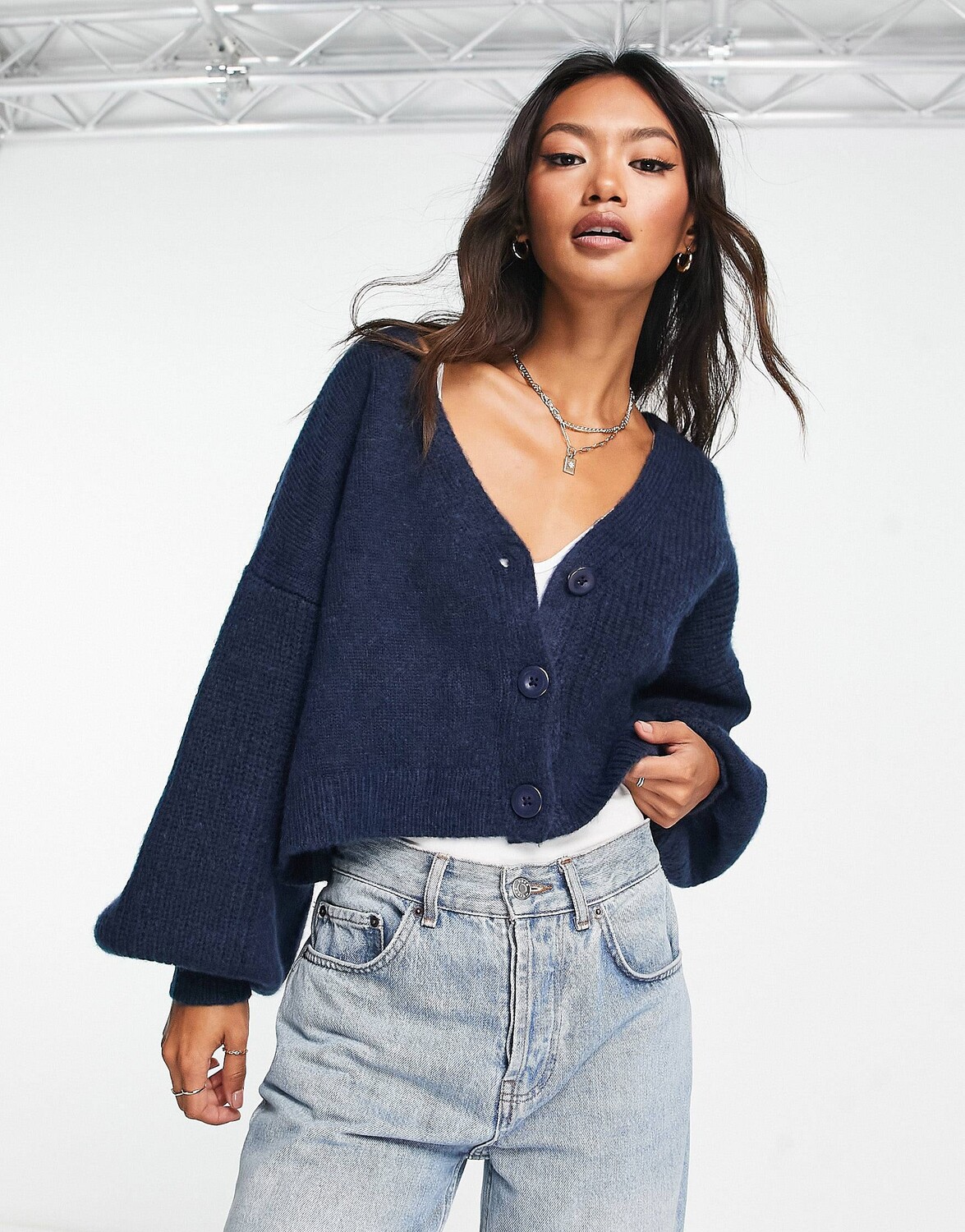

Синий укороченный вязаный кардиган в рубчик Topshop