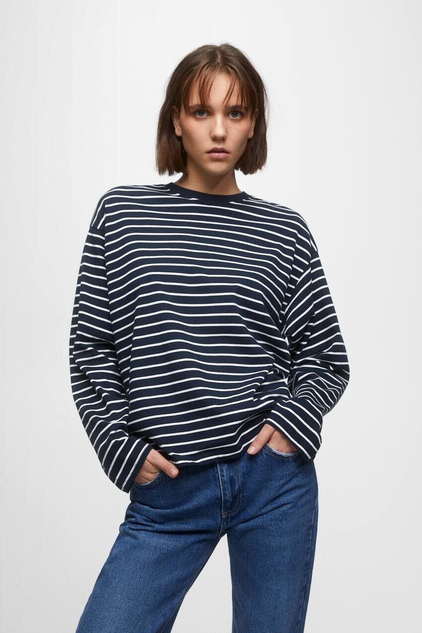 

Полосатая футболка оверсайз с длинными рукавами Pull&Bear, военно-морской